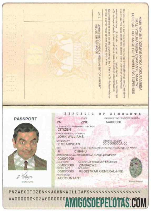 Passaporte do Zimbábue exemplo